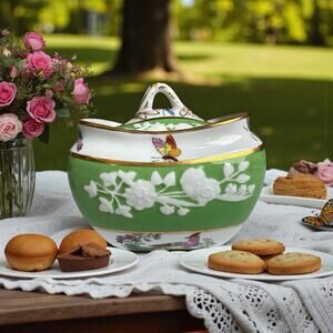 Spode Maritime Rose Sugar Bowl & Lid Green/Gilt 1930’s ~ Blemish